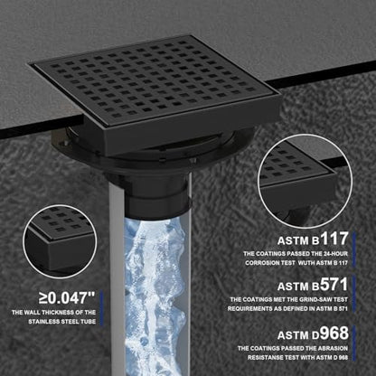 6 Inch Matte Black Square Shower Drain with Removable Grate | AISI 304 Stainless Steel Shower Drain, Shower Floor Drain with Hair Catcher & ABS Flange, Fits Bathroom & Balcony etc - color: Matte Black, size: 6 in