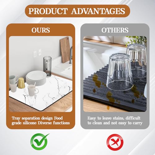 Dish Drying Mat for Kitchen Counter, 12"x19" Heat Resistant Drainer Mats with Non-slip Rubber Backed, Hide Stain Kitchen Drying Mat Super Absorbent Draining Mat, Easy to Clean Dish Rack Pad (White)