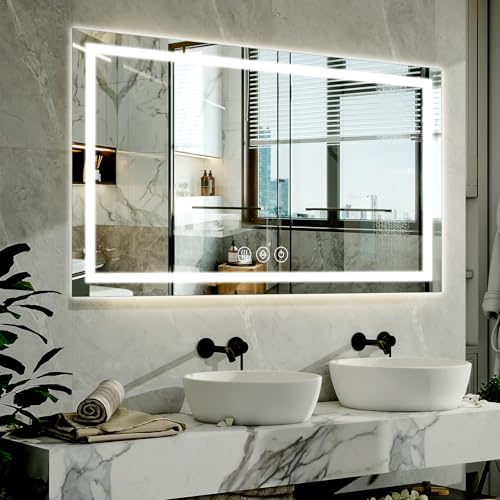 XRAMFY 40"X60"LED Bathroom Mirror, Backlit + Front Lit Wall Mirror | LED Bathroom Mirror with Lights for Wall, 3 Colors, Anti-Fog, Dimmable Brightness, Tempered Glass - size: 40"L x 60"W