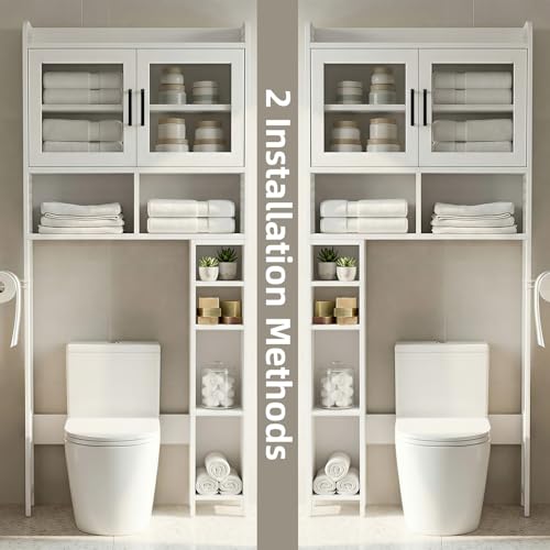 DHZ Over the Toilet Storage Cabinet, 65.55" H Bathroom Space Saver Organizer, 6 Movable Hooks & Paper Holder, Toilet Shelf for Restroom, Laundry, White