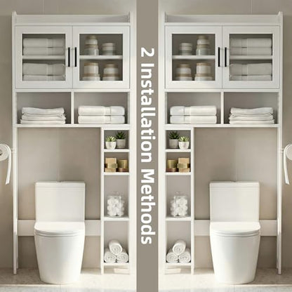 DHZ Over the Toilet Storage Cabinet, 65.55" H Bathroom Space Saver Organizer, 6 Movable Hooks & Paper Holder, Toilet Shelf for Restroom, Laundry, White