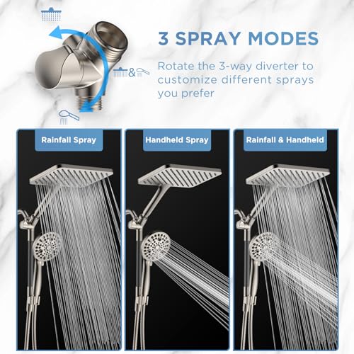 Dual Handheld Shower Head Combo, 2-in-1 Rain Shower Heads System Wide Rainfall Shower Head and 10 Modes High Pressure Hand Held Showerhead with Built-in Power Wash - Brushed Nickel - color: Brushed Nickel, size: 10 Inch Standard