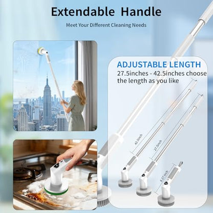 Electric Spin Scrubber Cordless IPX7 Waterproof Electric Scrubber | Cleaning Brush Bathroom Scrubber with 6 Brush Heads, Extendable Long Handle Power Scrubber for Bathtub Floor