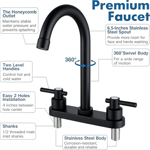 Bathroom Faucets,Black Bathroom Sink Faucet 2 Hole,Centerset 4 inch Bathroom Faucet with Two Handle,Bathroom Faucets for Sink Vanity,Black - color: Black