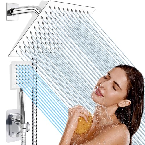 High Pressure 6'' Rainfall Shower Head with Handheld Combo, Wosaisius All Metal Waterfall Showerhead, Dual Shower Head with 78" Shower Hose, 3-Way Diverter, Adhesive Shower Holder, Chrome - color: Square#Chrome