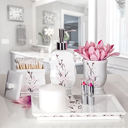 Vanda Cherry Blossom 4 Piece Resin Bathroom Accessories Set | Includes Soap Dispenser, Toothbrush Holder, Tumbler Cup & Soap Dish - style: 4 Piece Set