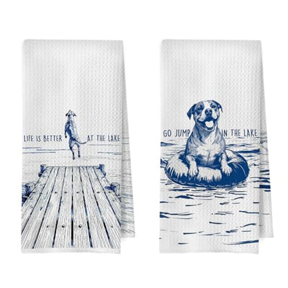 Funny Pitbull Gifts - Summer Lake House Kitchen Decor Set | Pitbull Dog Gifts Waffle Dish Towels, Lake Gifts Hand Towels, Summer Pit Bull Gift Tea Towel, 16×24 Inches Set of 2 - color: Pitbull