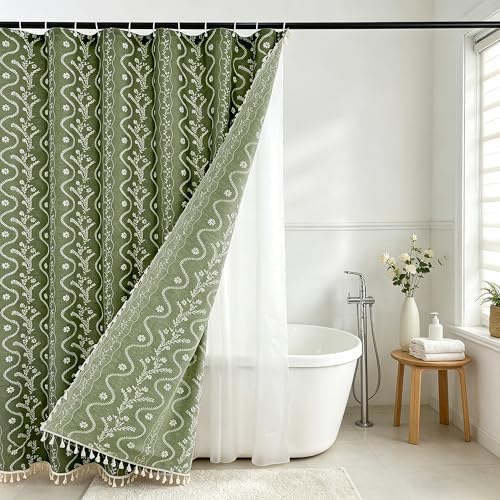 Olive Green Floral Linen Shower Curtain Set with Liner,72" Wx72 L | Double Layer Shower Curtain Waterproof Fabric with Zippered Removable PEVA Liner,Boho Shower Curtain for Bathroom,Free Hooks - color: Green Floral