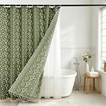 Olive Green Floral Linen Shower Curtain Set with Liner,72" Wx72 L | Double Layer Shower Curtain Waterproof Fabric with Zippered Removable PEVA Liner,Boho Shower Curtain for Bathroom,Free Hooks - color: Green Floral