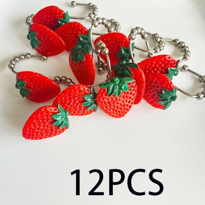 Strawberry Shower Curtain Hooks Rings Set of 12 for Shower Rod | Rustproof Metal S Shower Hook with Resin Strawberry Decorative Curtain Hooks, Cute Fashion Fruit Theme Kids Bathroom Decor