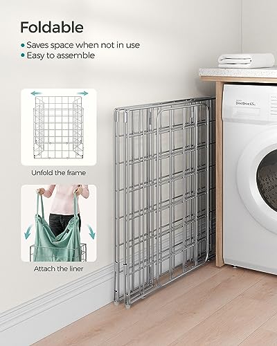 SONGMICS Laundry Hamper, 23.8 Gal. (90L) Laundry Basket, Collapsible Clothes Hamper, Removable and Washable Liner, Metal Wire Frame, for Bedroom Bathroom, Silver and Mint Green ULCB190C01 - color: Silver + Mint Green, size: 90 L