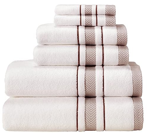 Bath Towels Set for Bathroom – Luxury 6-Piece Cotton Towels, Soft Absorbent & Quick Dry, 600 GSM Bath Towels for Bathroom, Hotel Spa Quality (White/Brown, 6- Bath Towel Set) - color: White/Brown