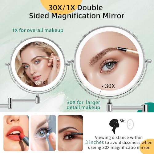 FUNTOUCH 5000mAh Rechargeable Wall Mounted Makeup Mirror with Light Charger | Double Sided 1X/30X Magnification,3 Color Lights,Touch Dimmable,Extended Arm 360 Rotation Lighted Bathroom Mirror - color: Polished Chrome