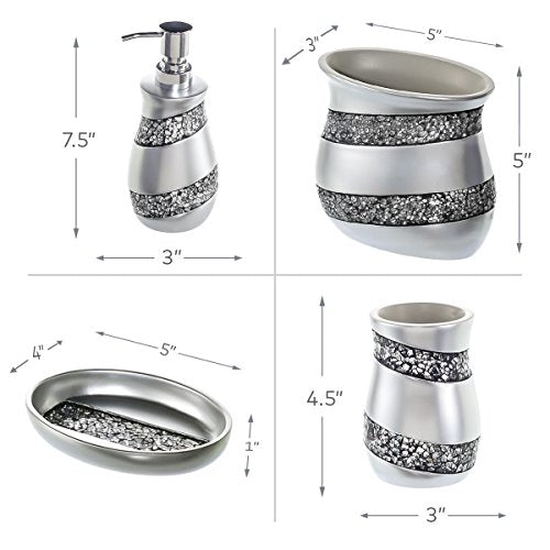 Creative Scents Mosaic Glass 4 Pc. Silver Resin Bathroom Accessories Set | Includes Soap Dispenser, Toothbrush Holder, Tumbler Cup & Soap Dish