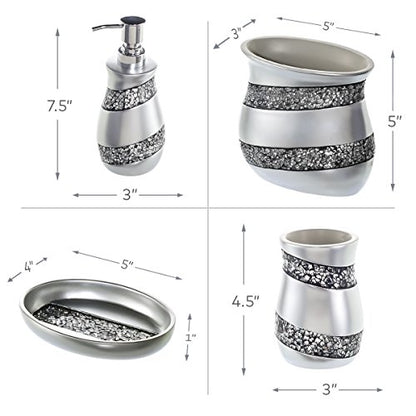 Creative Scents Mosaic Glass 4 Pc. Silver Resin Bathroom Accessories Set | Includes Soap Dispenser, Toothbrush Holder, Tumbler Cup & Soap Dish