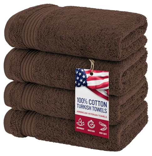 American Veteran Towel, Hand Towels for Bathroom Set of 4, 100% Cotton Turkish Hand Towel Sets, Soft Hand Face Towels, Brown Hand Towels - color: Brown