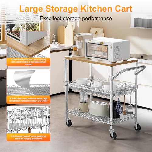 NTE Rolling Kitchen Carts on Wheels, 650Lbs Capacity 3 Tier Utility Cart with Wood Tabletop, Kitchen Storage Cart with 8 Hooks, Metal Serving Cart with Handle and Shelf Liners for Kitchen, Restaurant - color: Wood-silver