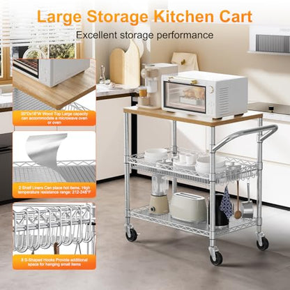 NTE Rolling Kitchen Carts on Wheels, 650Lbs Capacity 3 Tier Utility Cart with Wood Tabletop, Kitchen Storage Cart with 8 Hooks, Metal Serving Cart with Handle and Shelf Liners for Kitchen, Restaurant - color: Wood-silver