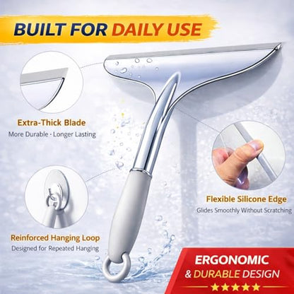 Shower Squeegee for Glass Shower Doors Bathroom Tile Mirror – Streak-Free Silent Window Cleaner with Non-Slip Handle and Adhesive Hook for Car and Home Cleaning