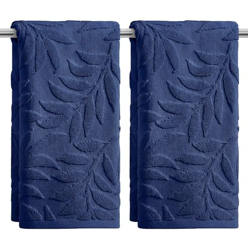 Artoid Mode 2 Pcs Navy Blue 3D Leaves Jacquard Hand Towels for Bathroom, 100% Cotton Soft Absorbent Bathroom Decor Towels, 13.7 x 29.5 Inch - color: Navy Blue, size: 13.7" x 29.5", 2PCS