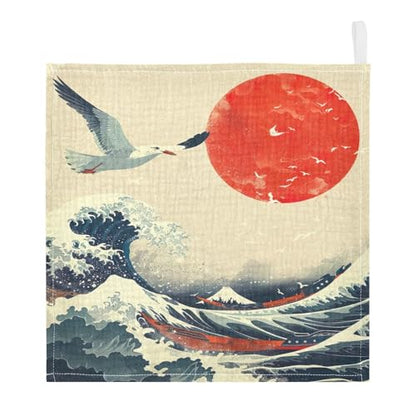 YETTASBIN Sea Waves Muslin Baby Hand Washcloths, Soft Cotton Bath Face Towel, 4 Layers Extra Absorbent Feeding Burp Cloth for Newborn Infant, 5 Pack - size: 12 Inch x 5 Pack