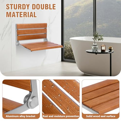 17.7inch Wall-Mounted Folding Shower Seat with Back Fold Up Bathroom Stool Chair Anti-Slip for Elderly Disabled Pregnant