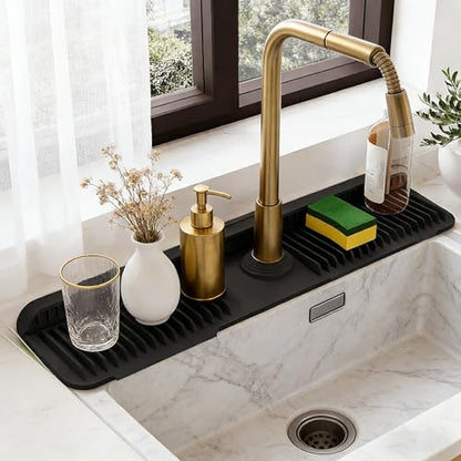 Silicone Faucet Mat for Kitchen Sink, Kitchen Sink Splash Guard Behind Faucet, Added Button Design to Effectively Prevent Water from Slipping Along the Faucet (Black, 24" x 5.5")