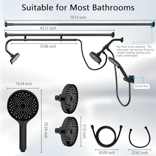 Tandem Shower Head, Dual Shower Heads for Two People & Handheld Head, Triple Shower Head High Pressure System,Adjustable Double Shower Heads - color: Black