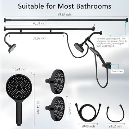 Tandem Shower Head, Dual Shower Heads for Two People & Handheld Head, Triple Shower Head High Pressure System,Adjustable Double Shower Heads - color: Black