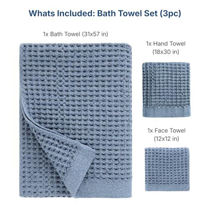 ONSEN Supima® Waffle Bath Towel Set, Quick Dry Lint Free 100% USA Cotton, Bath Hand and Face Towel Bundle, 3 Piece (Denim Blue, Bath Towel Set) - color: Denim Blue, size: Bath Towel Set
