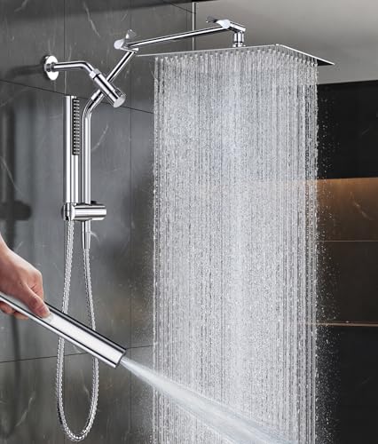 Veken All Metal 12" Luxurious Shower Head with Handheld,Full Body Coverage | Large Detachable 12" Square Rain Showerhead,Dual High Pressure Shower Heads Combo,Power Jet,Overhead Waterfall,Chrome,Silver - color: Chrome, size: 12 Inch