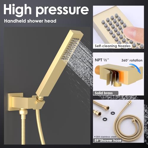 Enga Luxury Dual Shower Head System LED Thermostatic Shower System with 6 inch Wall Shower, 20-Inch 3 Function Shower Head (Rainfall & Mist & Waterfall), Brushed Gold - color: Brushed Gold, style: 20" Head (Rain + Mist+Waterfall) - 6" Head