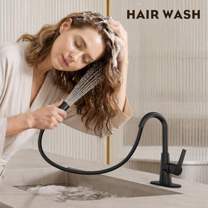 High Arc Bathroom Sink Faucet with Pull Down Sprayer, Tall Matte Black Single Handle Pull Out Faucet with Pop-Up Drain, 1 or 3 Hole Laundry Bar Basin Faucet with Deck Plate WE10CL-ZY-MB - color: Matte Black