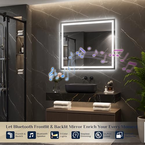 Keonjinn 42 x 36 Inch Lighted Mirrors for Bathroom Wall, Bluetooth Speaker | Frontlit & Backlit LED Bathroom Mirror, Tempered Glass, 3000K/4500K/6000K, Stepless Dimmable, Fast & Safe Defogging, CRI90+ - size: 36"L x 42"W