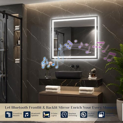 Keonjinn 42 x 36 Inch Lighted Mirrors for Bathroom Wall, Bluetooth Speaker | Frontlit & Backlit LED Bathroom Mirror, Tempered Glass, 3000K/4500K/6000K, Stepless Dimmable, Fast & Safe Defogging, CRI90+ - size: 36"L x 42"W