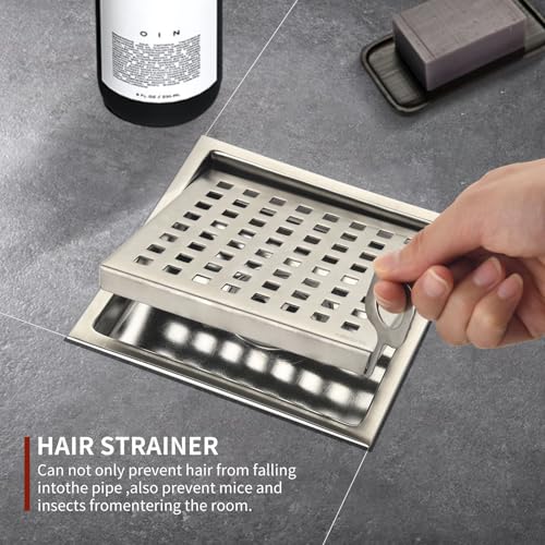 6 Inch Square Shower Drain with Removable Square Grille, Brushed 304 Stainless Steel, PVC Shower Drain Base, Includes Hair Strainer for Kitchen, Bathroom, Garage - color: 6-inch Brushed Nickel
