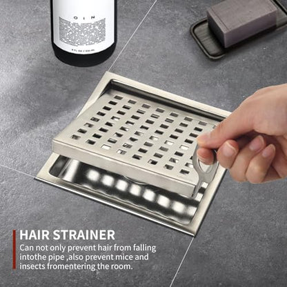 6 Inch Square Shower Drain with Removable Square Grille, Brushed 304 Stainless Steel, PVC Shower Drain Base, Includes Hair Strainer for Kitchen, Bathroom, Garage - color: 6-inch Brushed Nickel