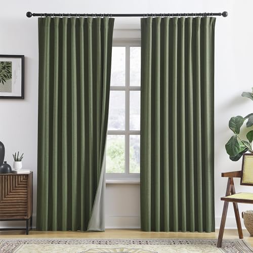 RAIN CITY Dark Olive Green Blackout Curtains Linen 80 Inches Long 2 Panels Set, Back Tab Pleated Look Thermal Insulated Curtains & Drapes for Living Room - Loden/Olive Forest W50 x L80 | Back Tab Rod Pocket Linen Blend Thermal Insulated Curtains & Drapes