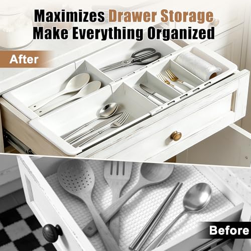 2 Pack Expandable Deep Drawer Organizer with Dividers, Sliding Drawer Tray | Adjustable Plastic Drawer Organizer with Removable Dividers for Kitchen, Bathroom, Bedroom & Desk Utensil Sorting, White