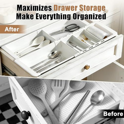 2 Pack Expandable Deep Drawer Organizer with Dividers, Sliding Drawer Tray | Adjustable Plastic Drawer Organizer with Removable Dividers for Kitchen, Bathroom, Bedroom & Desk Utensil Sorting, White