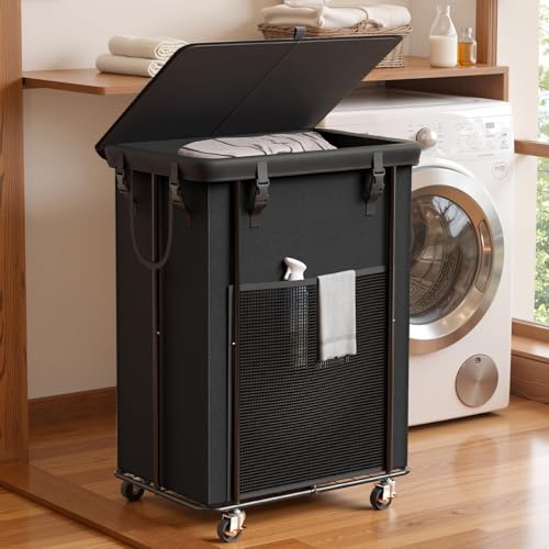 220L Laundry Hamper with Lid & Wheels, Rolling Laundry Basket with Bag | Sturdy Metal Frame | Laundry Bag with Handles| Large & Tall Clothes Hampers for Laundry Room, Bedroom, Dorm, Bathroom-Black - color: Black, size: 58GAL