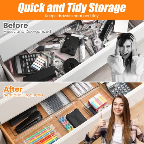 6 Pcs Large Size Clear Drawer Organizer Set, Acrylic Non Slip Non Cracking Kitchen Drawer Storage Tray Divider, Multifunctional Storage for Cosmetics, Bathroom, Tools, Kitchen and Office - size: 6 PACK