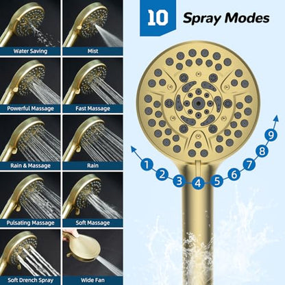 Hibbent cUPC Certified High Pressue 13'' Rainfall Shower Head with 5-Spray | Shower Heads with Handheld 10-Spray Combo, All Metal Easy Reach 4-way Diverter Arm, 71'' Hose & Holder, Brushed Gold - color: Brushed Gold, style: Square 13"