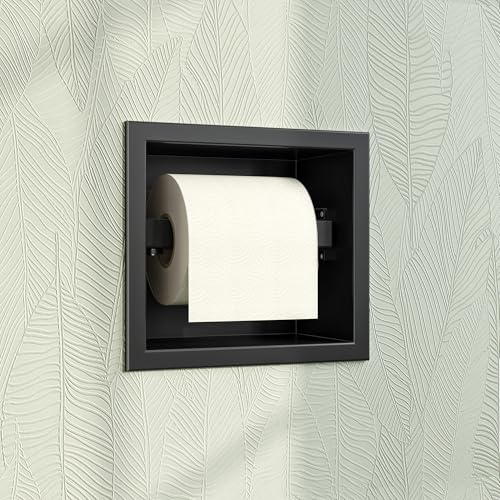Qeke Recessed Toilet Paper Holder 304 Stainless Steel, Matte Black | Rustproof Toilet Paper Holder Built-in, in Wall Tissue Paper Holder with Push-to-Open Rod for Bathroom & RV - color: Matte Black