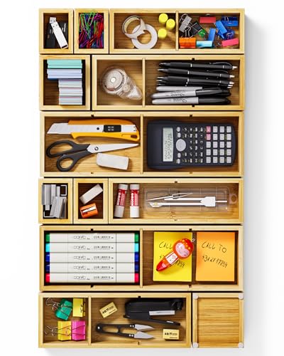 12-Piece Bamboo Drawer Organizer Set, 24 Compartments Modular Storage | Natural Bamboo, Flexible Modular Trays, Water-Resistant, Stackable Design, Adjustable, Excellent Organization, Easy to Clean - size: 24 Compartments