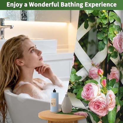 No Hook Floral Shower Curtain with Liner, Washable Cloth Fence Pink Roses Shower Curtain with Mesh Top Window and Weighted Bottom, Waterproof Fabric Summer Shower Curtains for Bathroom, 71"W x 74"L - color: Fence Rose