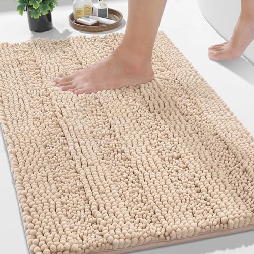 Yimobra Bathroom Rug Mat, Non Slip and Super Absorbent Bath Mat, Machine Washable Quick Dry, Ultra Plush Chenille Shower Rugs for Bathroom Floor Sink Tub and Shower Outside, Beige, 24 x 17 - color: Beige, size: 24" X 17"