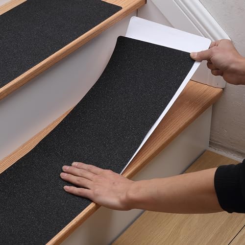 MBIGM Outdoor Non-Slip Stair Grip Tape, 12 Pack, 8" x 30", Black | PET/PVC stair tape with mineral-grit surface and adhesive backing adds traction to outdoor steps, decks and entryways - size: Black 8" x 30"