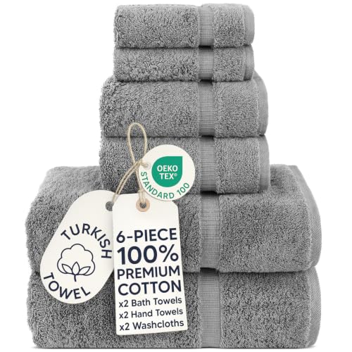 Chakir Turkish Linens 6 Piece Towels Set, 100% Cotton Luxury Turkish Towels for Bathroom, Soft Absorbent Bath Towel Set with 2 Bath Towels 2 Hand Towels 2 Washcloths, Gray - color: Gray