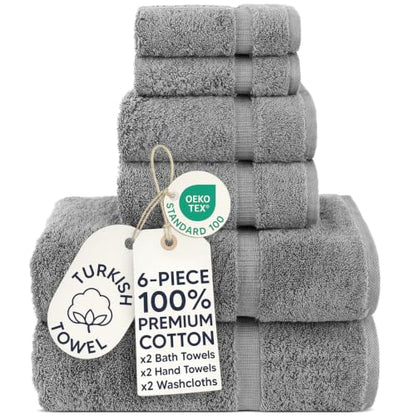Chakir Turkish Linens 6 Piece Towels Set, 100% Cotton Luxury Turkish Towels for Bathroom, Soft Absorbent Bath Towel Set with 2 Bath Towels 2 Hand Towels 2 Washcloths, Gray - color: Gray